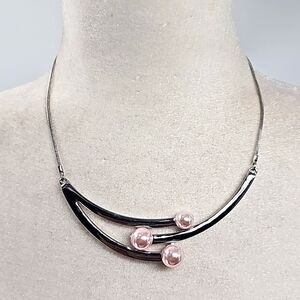 WHBM‎ Silver-toned Choker Necklace w 3 Pink Pearls Accent